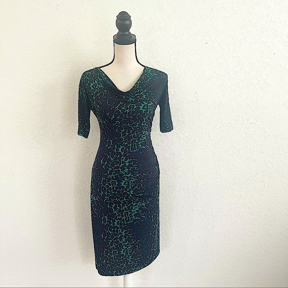 BCBGMAXAZRIA Asymmetrical Animal Leopard Print Draped Neckline Dress Size XS